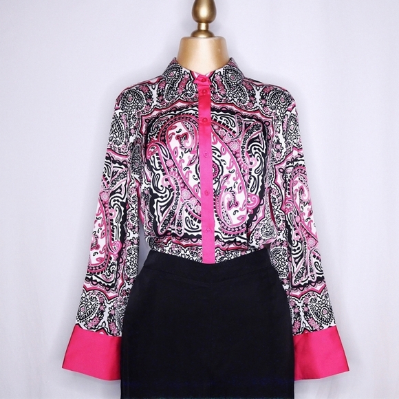Maison d' Amelie Pink Button down long sleeve in bandana paisley print, Large - Picture 1 of 8